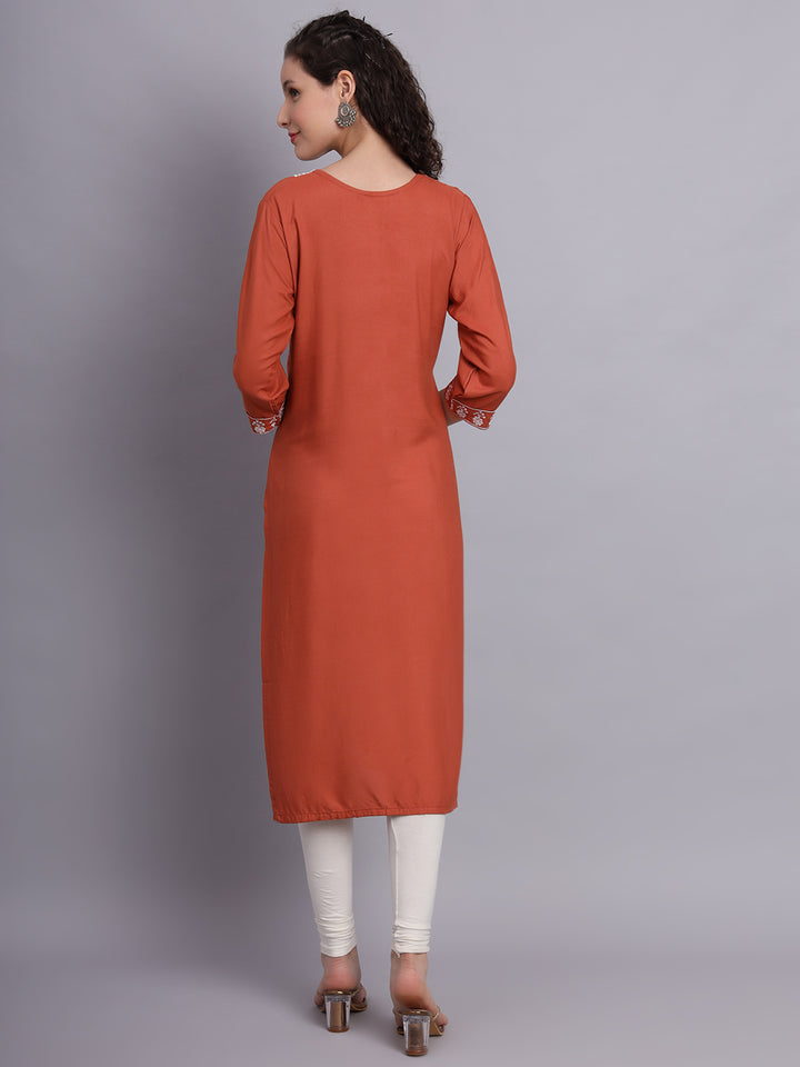 Embroidered Rayon Straight Kurta | Elegant Lucknowi Chickenkari Kurti