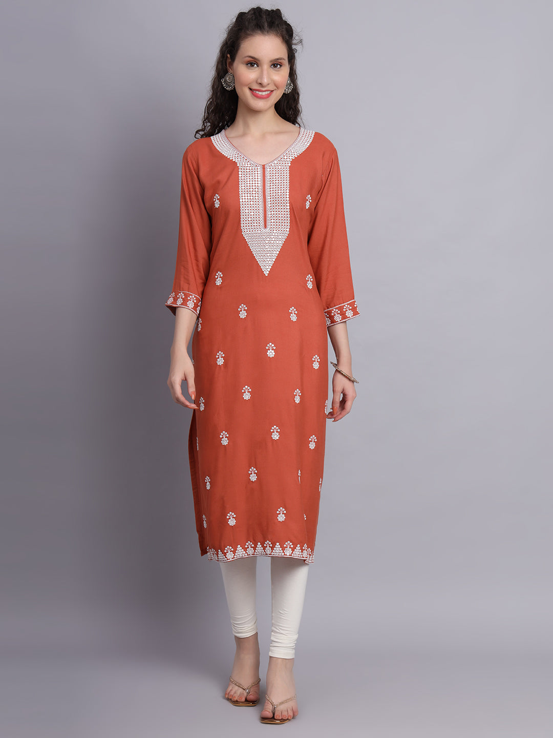 Embroidered Rayon Straight Kurta | Elegant Lucknowi Chickenkari Kurti