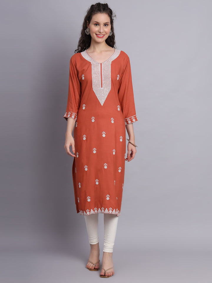 Embroidered Rayon Straight Kurta | Elegant Lucknowi Chickenkari Kurti