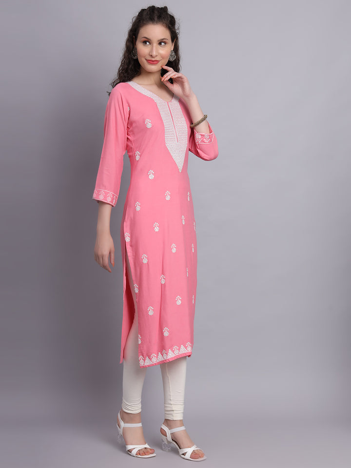 Embroidered Rayon Straight Kurta | Elegant Lucknowi Chickenkari Kurti