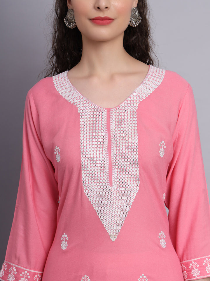 Embroidered Rayon Straight Kurta | Elegant Lucknowi Chickenkari Kurti