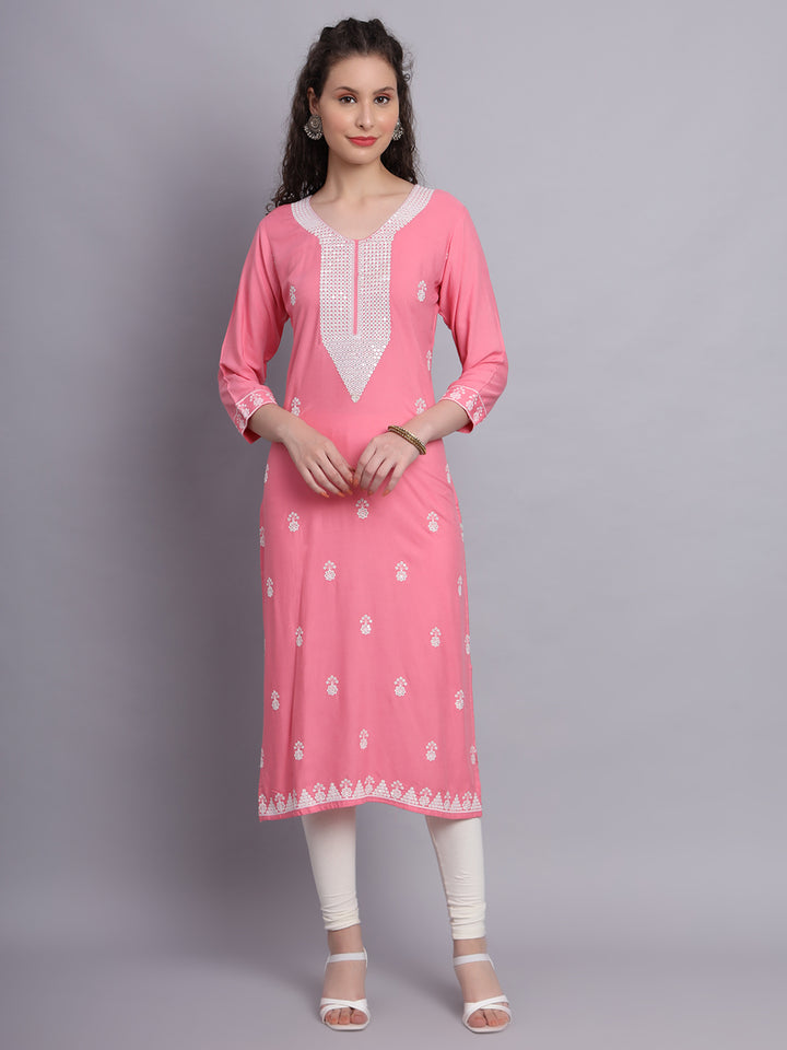 Embroidered Rayon Straight Kurta | Elegant Lucknowi Chickenkari Kurti