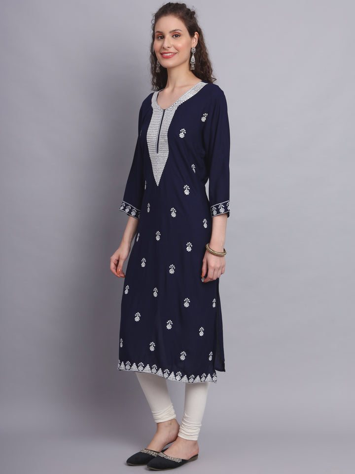 Embroidered Rayon Straight Kurta | Elegant Lucknowi Chickenkari Kurti