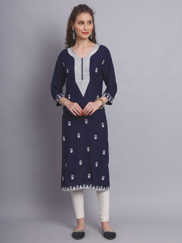 Embroidered Rayon Straight Kurta | Elegant Lucknowi Chickenkari Kurti