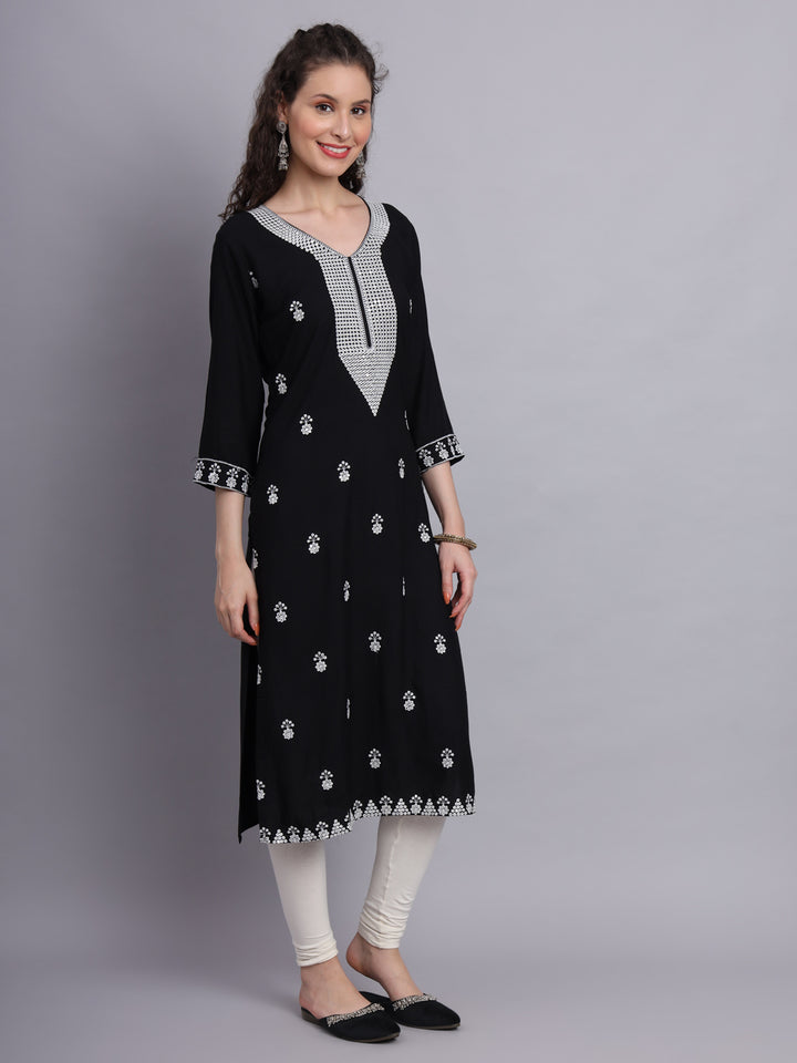 Embroidered Rayon Straight Kurta | Elegant Lucknowi Chickenkari Kurti