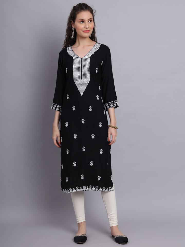 Embroidered Rayon Straight Kurta | Elegant Lucknowi Chickenkari Kurti