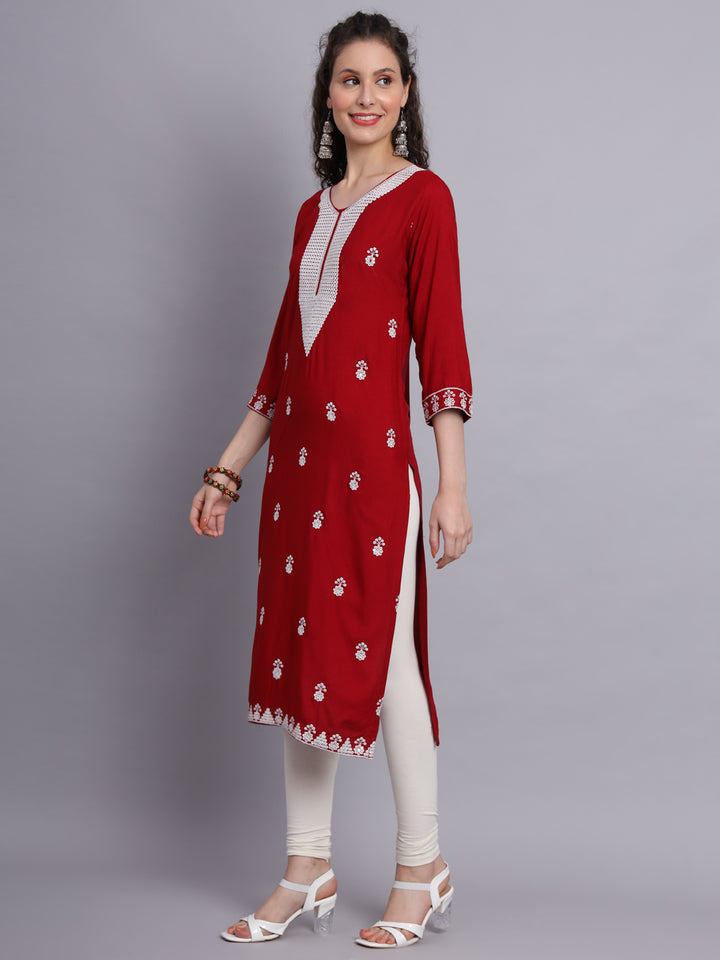 Embroidered Rayon Straight Kurta | Elegant Lucknowi Chickenkari Kurti