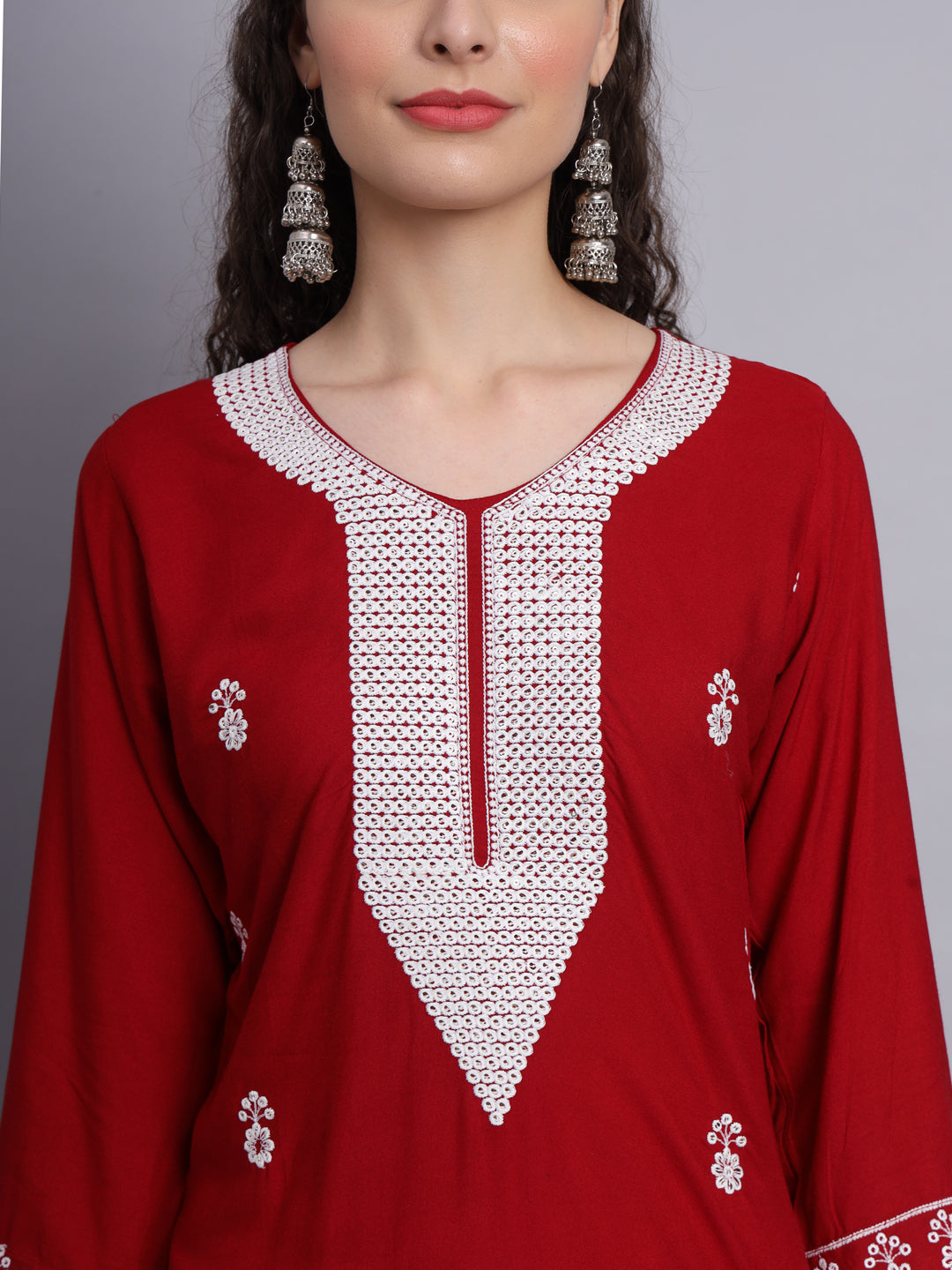 Embroidered Rayon Straight Kurta | Elegant Lucknowi Chickenkari Kurti