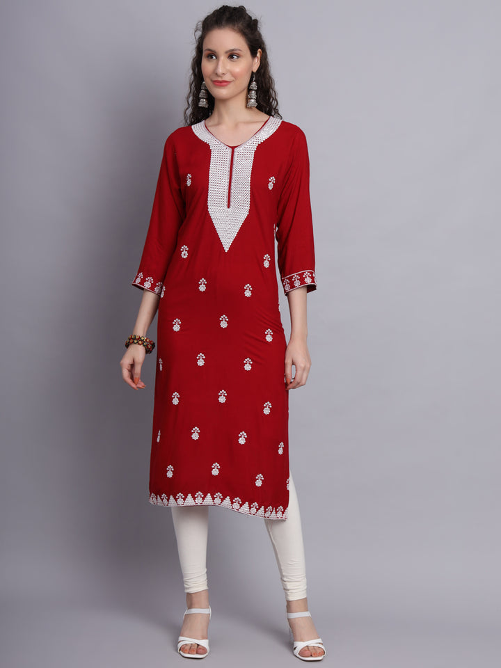 Embroidered Rayon Straight Kurta | Elegant Lucknowi Chickenkari Kurti