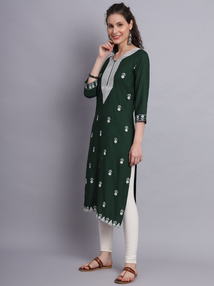 Embroidered Rayon Straight Kurta | Elegant Lucknowi Chickenkari Kurti