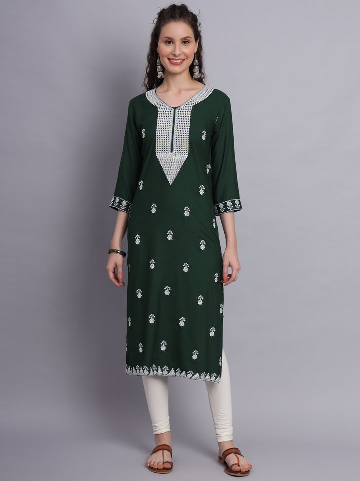 Embroidered Rayon Straight Kurta | Elegant Lucknowi Chickenkari Kurti