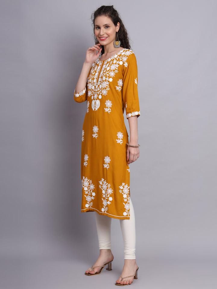Stylish Lucknowi Embroidered Rayon Kurti | Long Kurta for Women