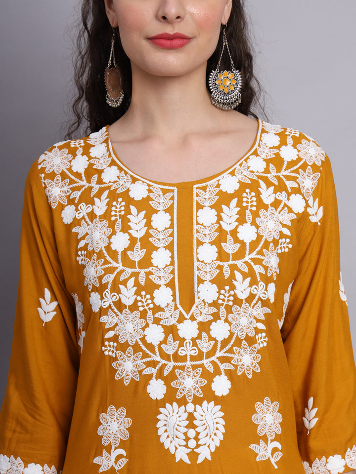 Stylish Lucknowi Embroidered Rayon Kurti | Long Kurta for Women