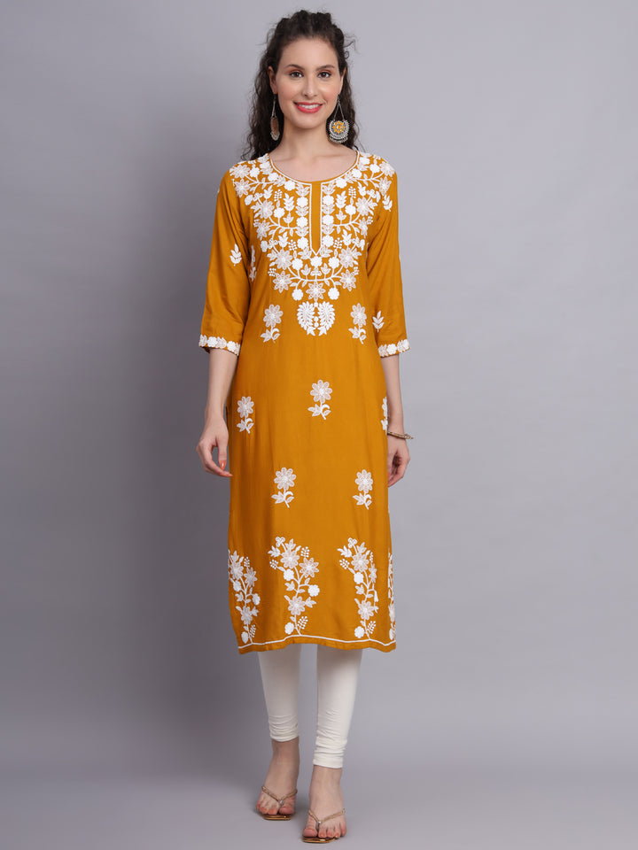 Stylish Lucknowi Embroidered Rayon Kurti | Long Kurta for Women