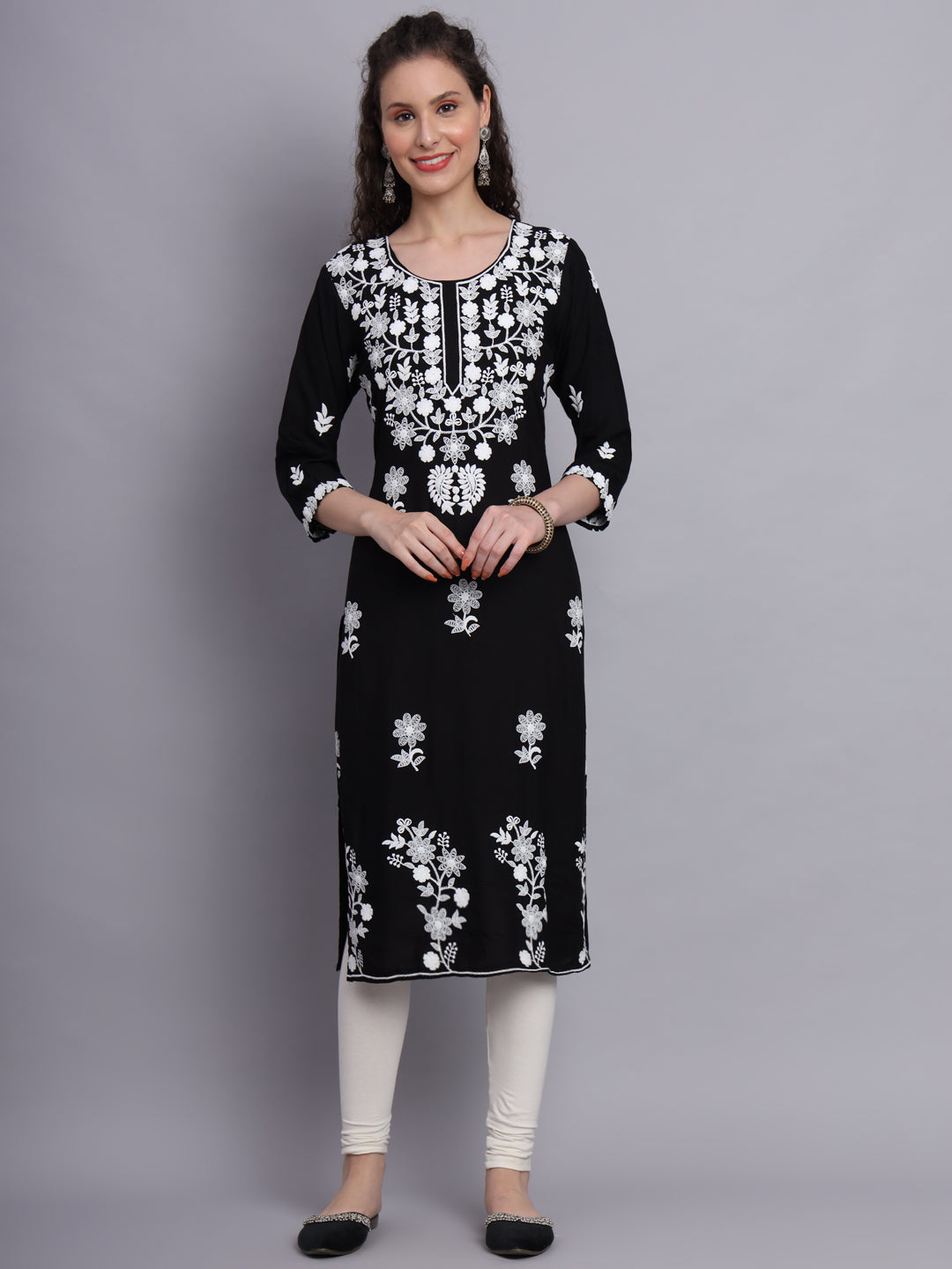 Stylish Lucknowi Embroidered Rayon Kurti | Long Kurta for Women