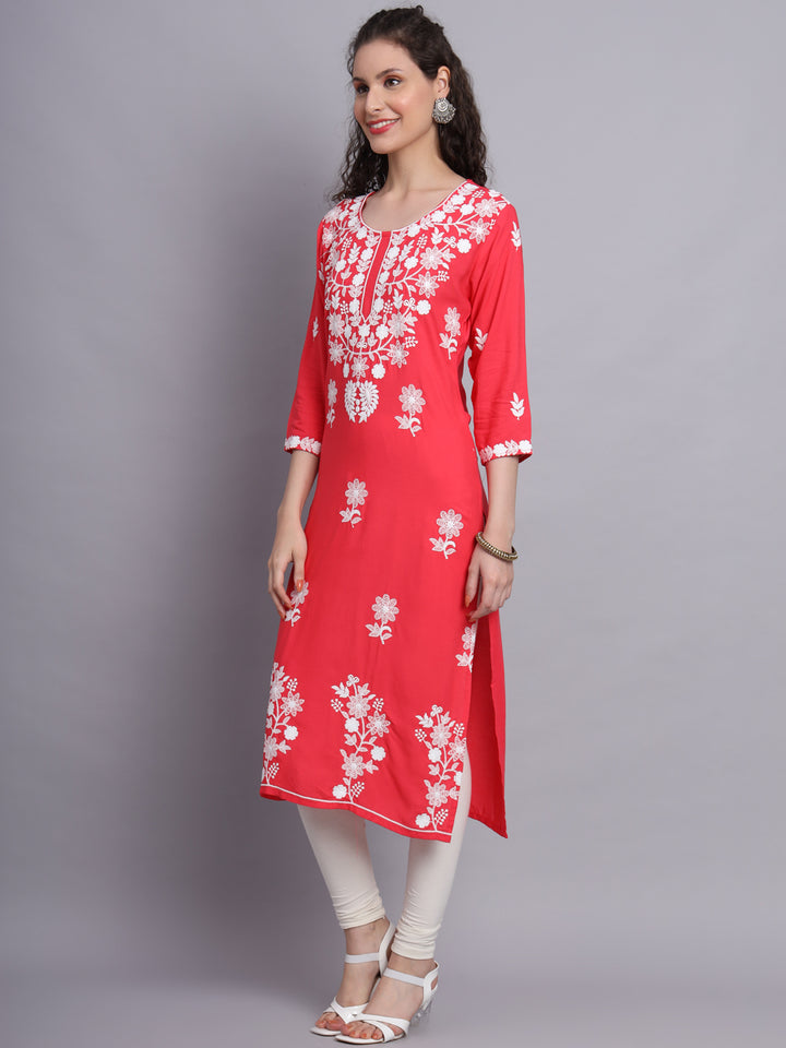 Stylish Lucknowi Embroidered Rayon Kurti | Long Kurta for Women