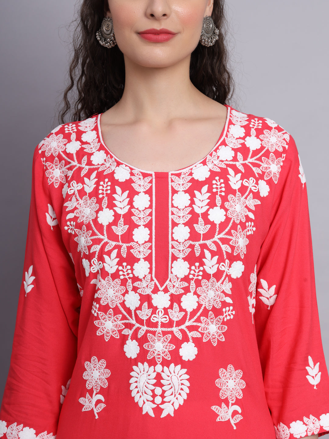 Stylish Lucknowi Embroidered Rayon Kurti | Long Kurta for Women