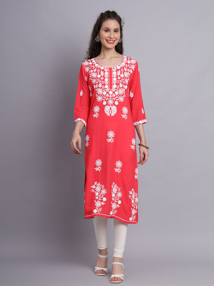 Stylish Lucknowi Embroidered Rayon Kurti | Long Kurta for Women