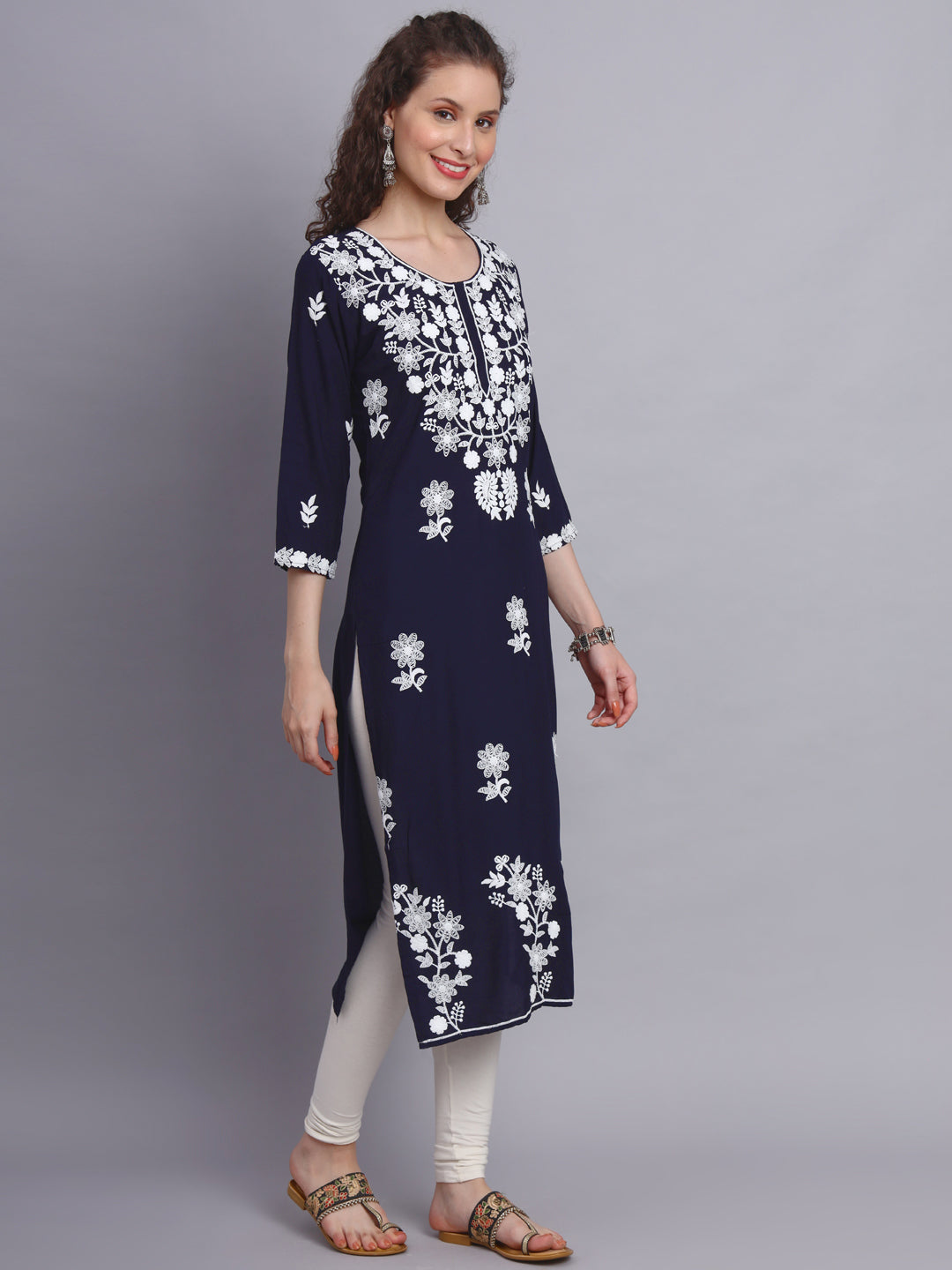 Stylish Lucknowi Embroidered Rayon Kurti | Long Kurta for Women