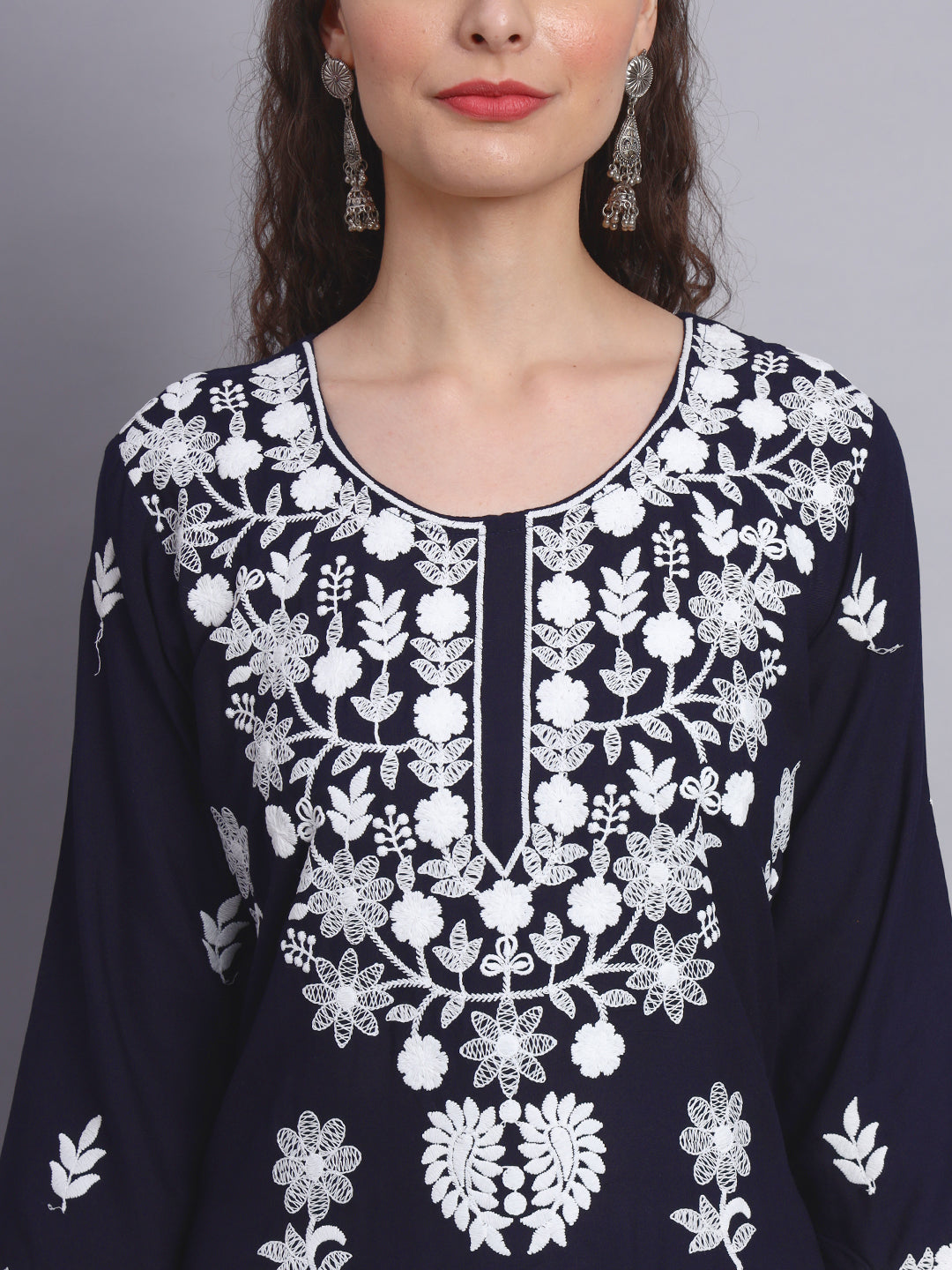Stylish Lucknowi Embroidered Rayon Kurti | Long Kurta for Women