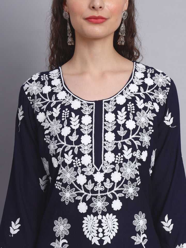 Stylish Lucknowi Embroidered Rayon Kurti | Long Kurta for Women