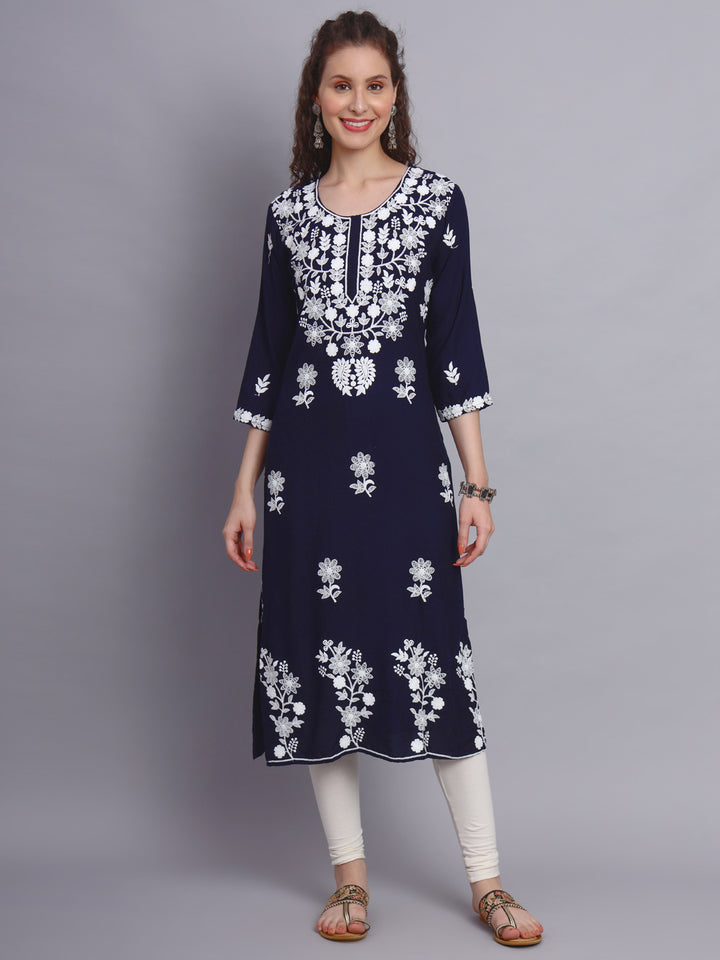 Stylish Lucknowi Embroidered Rayon Kurti | Long Kurta for Women