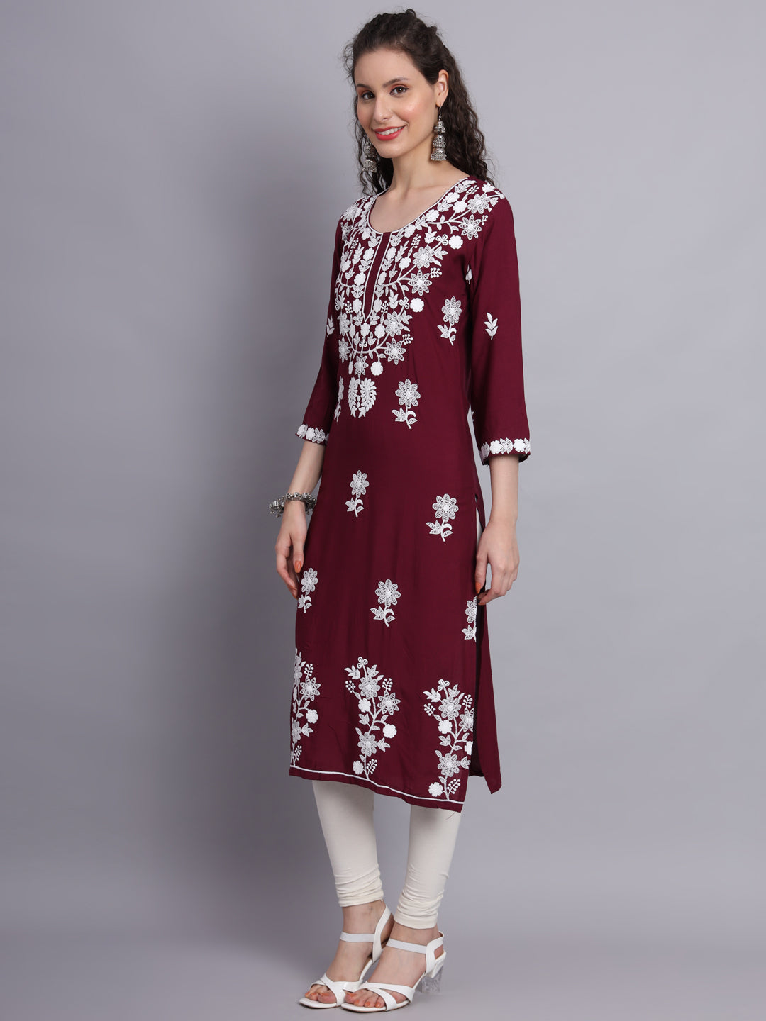 Stylish Lucknowi Embroidered Rayon Kurti | Long Kurta for Women