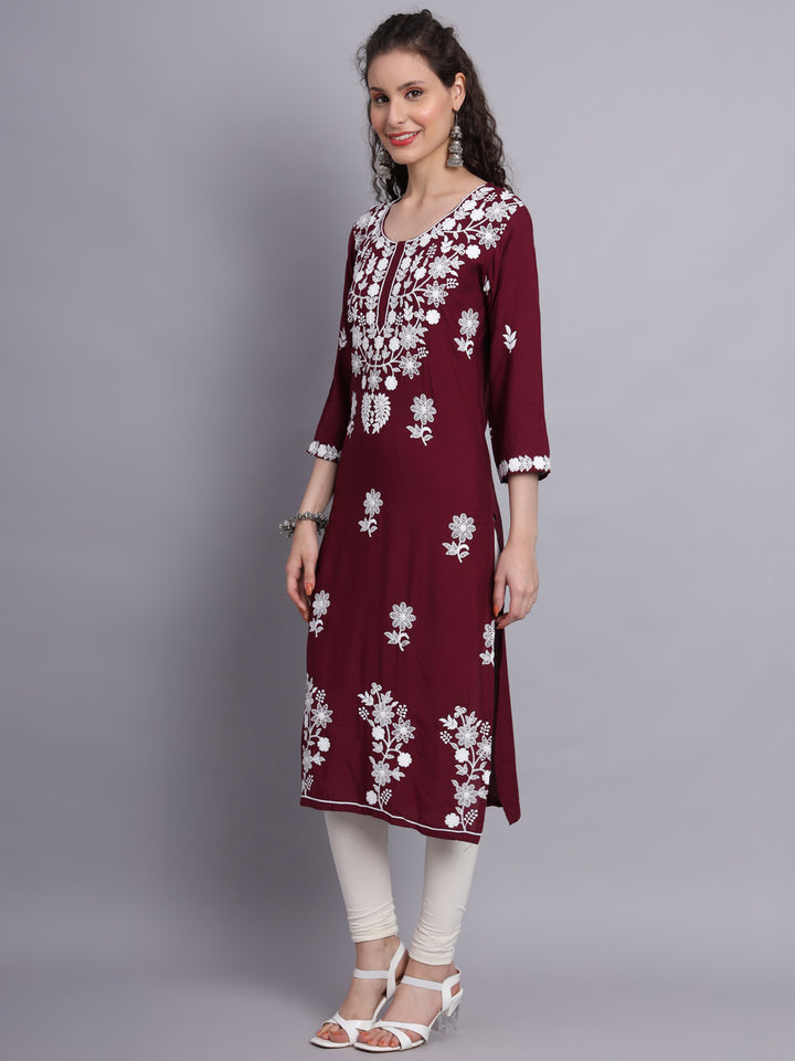 Stylish Lucknowi Embroidered Rayon Kurti | Long Kurta for Women