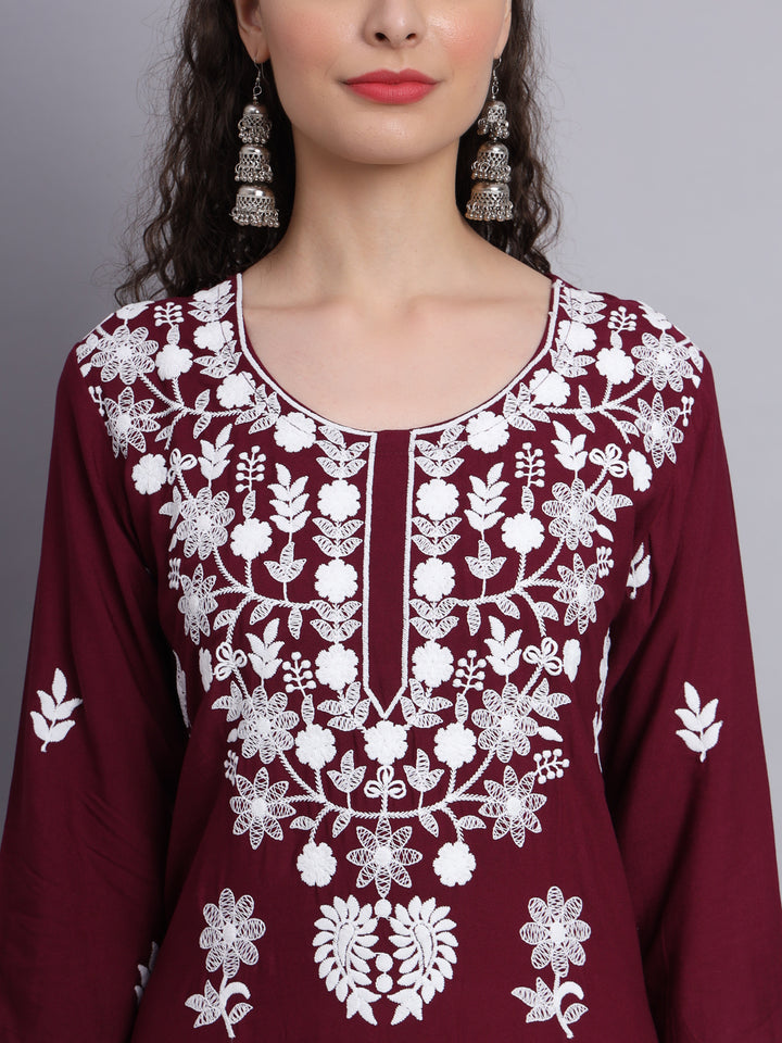 Stylish Lucknowi Embroidered Rayon Kurti | Long Kurta for Women