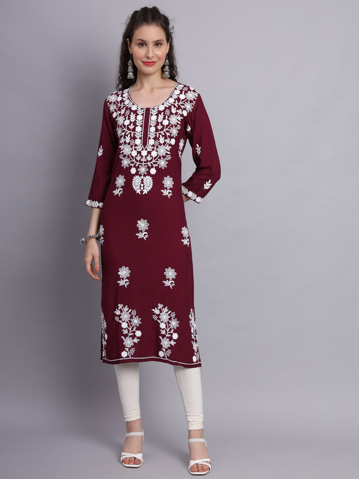 Stylish Lucknowi Embroidered Rayon Kurti | Long Kurta for Women