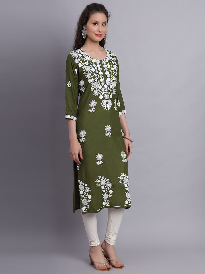Stylish Lucknowi Embroidered Rayon Kurti | Long Kurta for Women