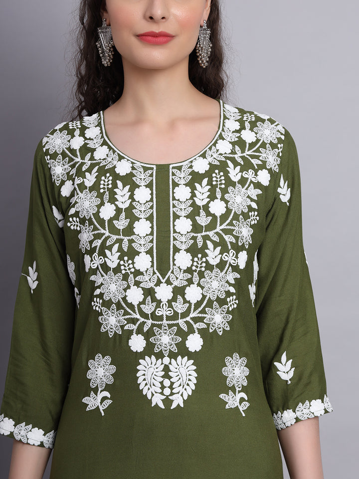 Stylish Lucknowi Embroidered Rayon Kurti | Long Kurta for Women
