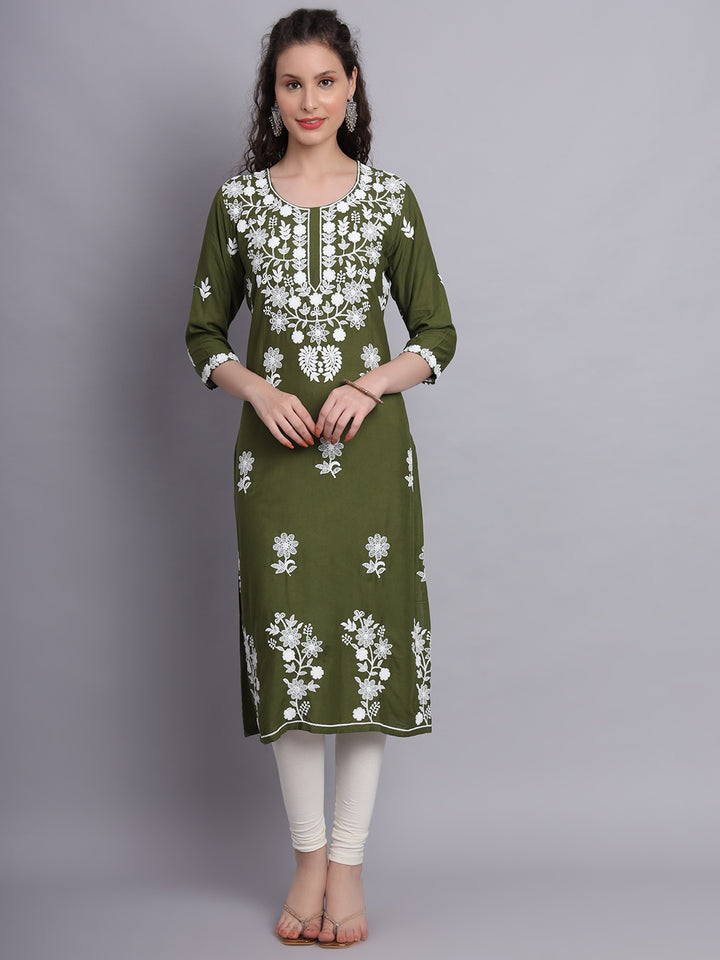 Stylish Lucknowi Embroidered Rayon Kurti | Long Kurta for Women