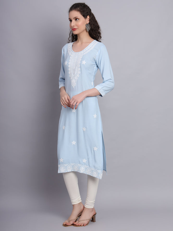 Lucknowi  Rayon  Embroidered Kurta | Long Chickenkari Kurti for Women