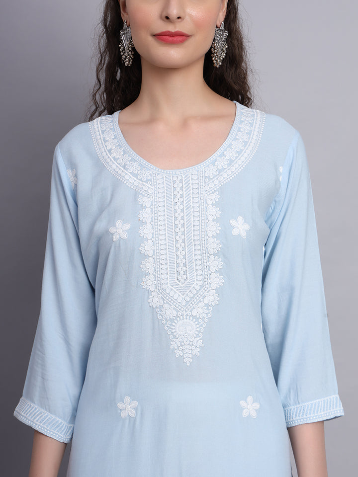 Lucknowi  Rayon  Embroidered Kurta | Long Chickenkari Kurti for Women
