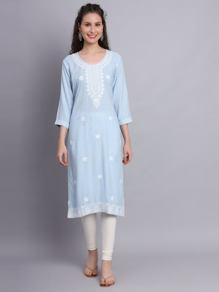 Lucknowi  Rayon  Embroidered Kurta | Long Chickenkari Kurti for Women