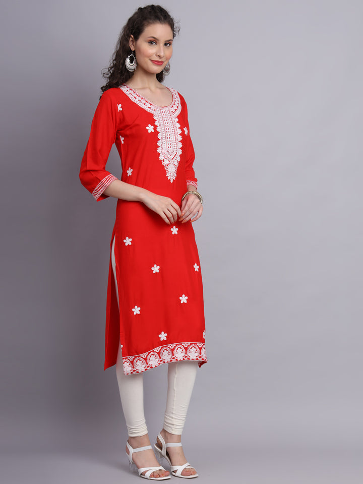 Lucknowi  Rayon  Embroidered Kurta | Long Chickenkari Kurti for Women
