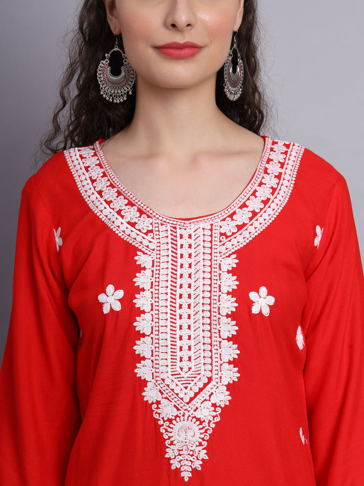Lucknowi  Rayon  Embroidered Kurta | Long Chickenkari Kurti for Women