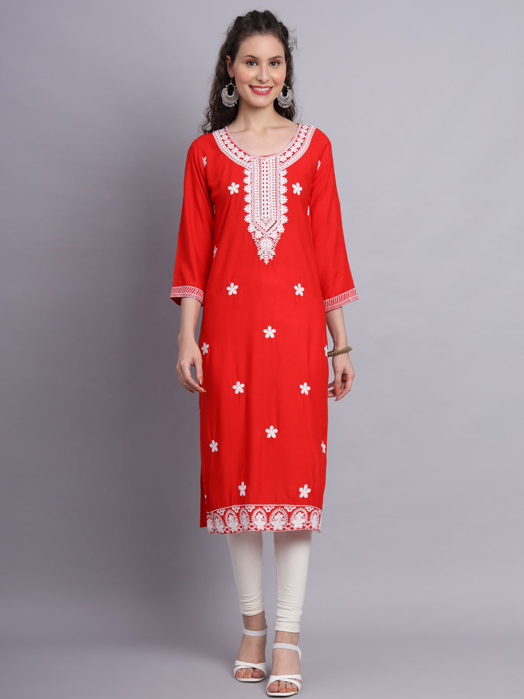 Lucknowi  Rayon  Embroidered Kurta | Long Chickenkari Kurti for Women