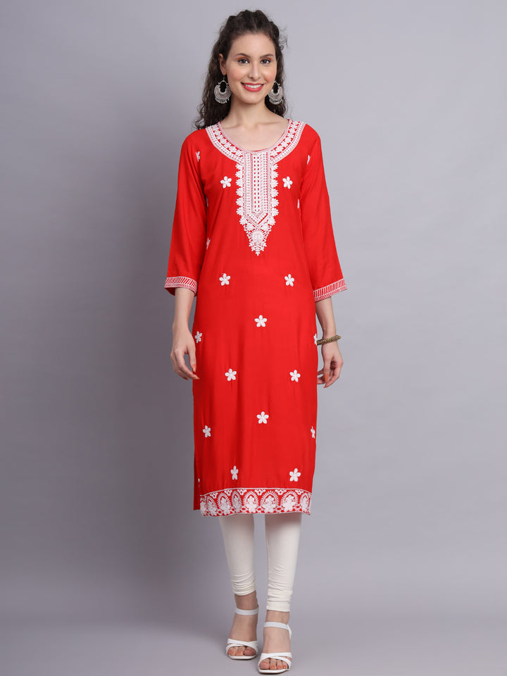 Lucknowi  Rayon  Embroidered Kurta | Long Chickenkari Kurti for Women
