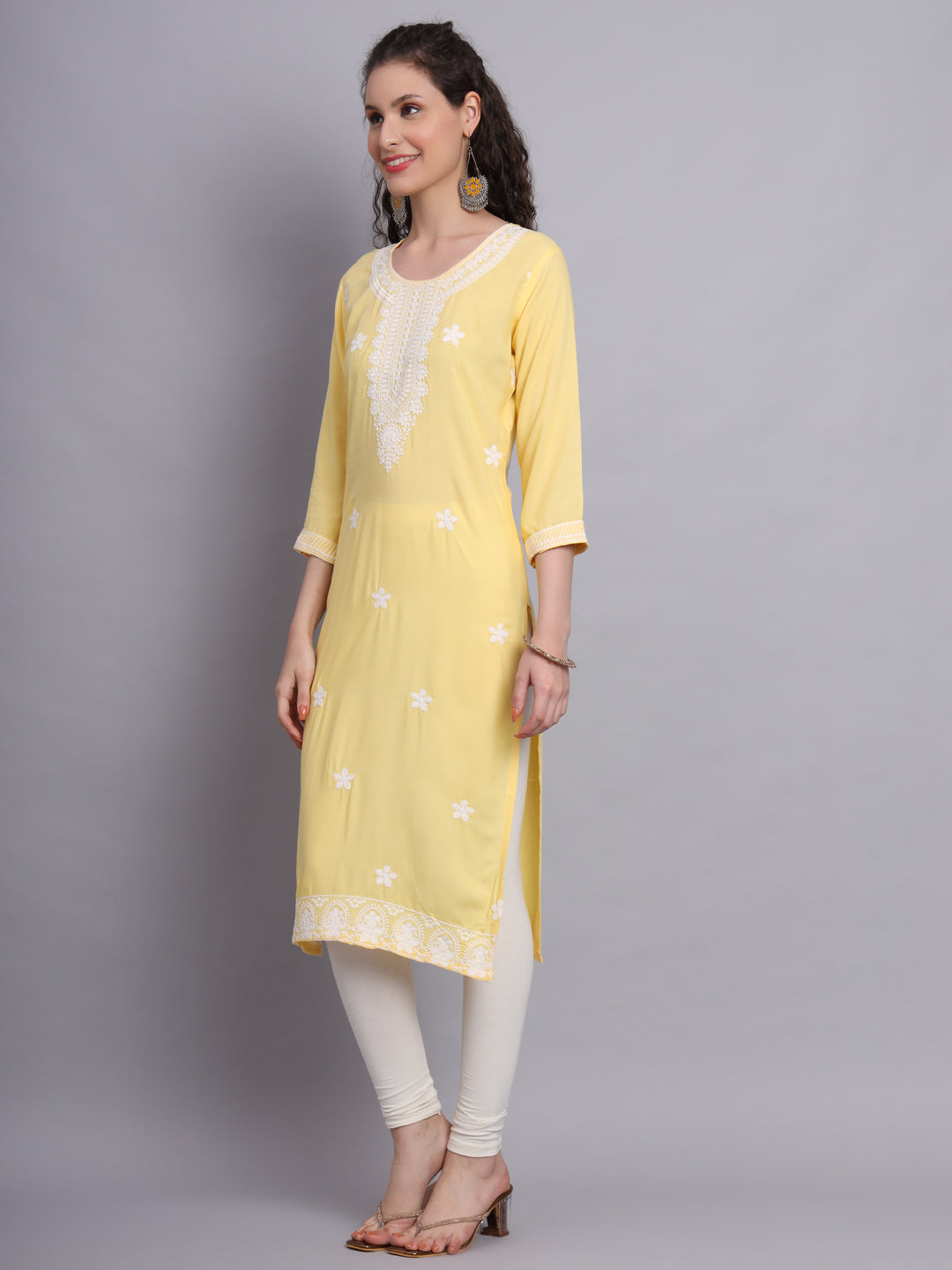 Lucknowi  Rayon  Embroidered Kurta | Long Chickenkari Kurti for Women