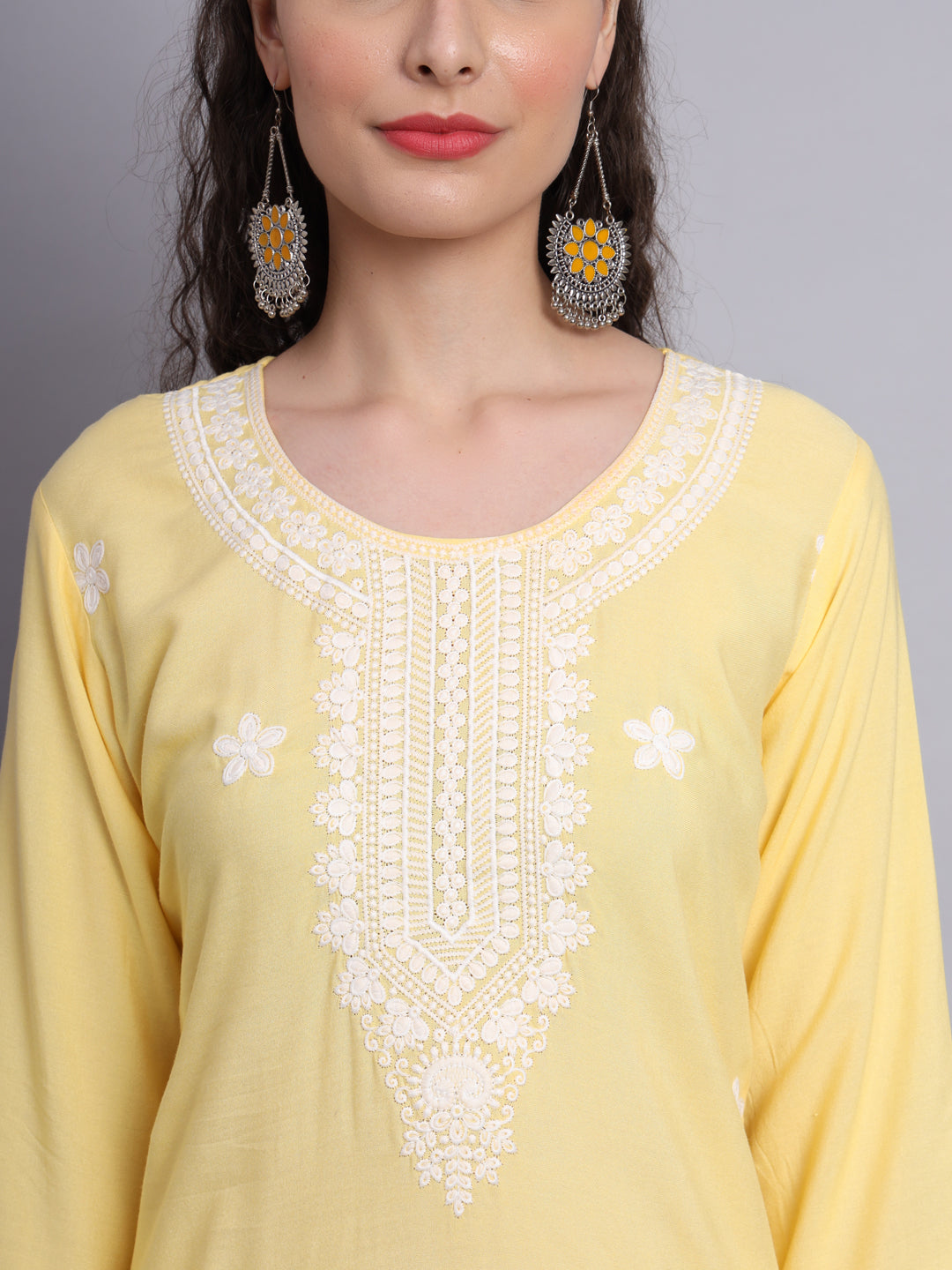 Lucknowi  Rayon  Embroidered Kurta | Long Chickenkari Kurti for Women