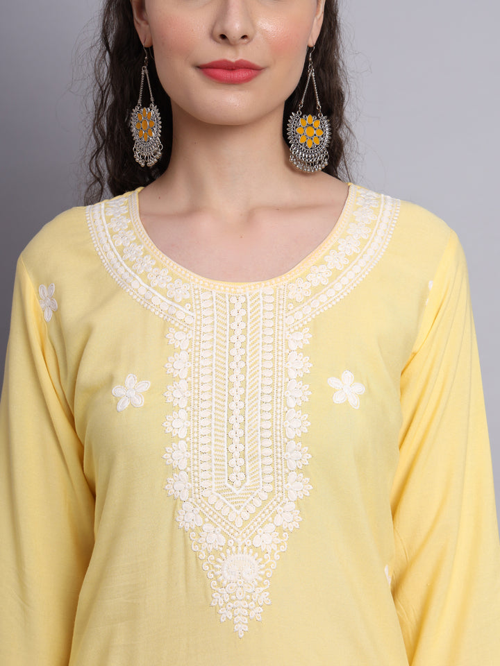 Lucknowi  Rayon  Embroidered Kurta | Long Chickenkari Kurti for Women
