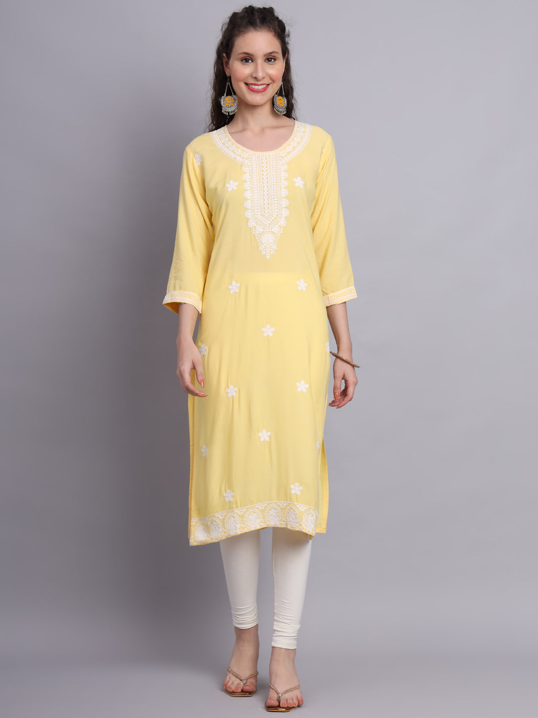 Lucknowi  Rayon  Embroidered Kurta | Long Chickenkari Kurti for Women