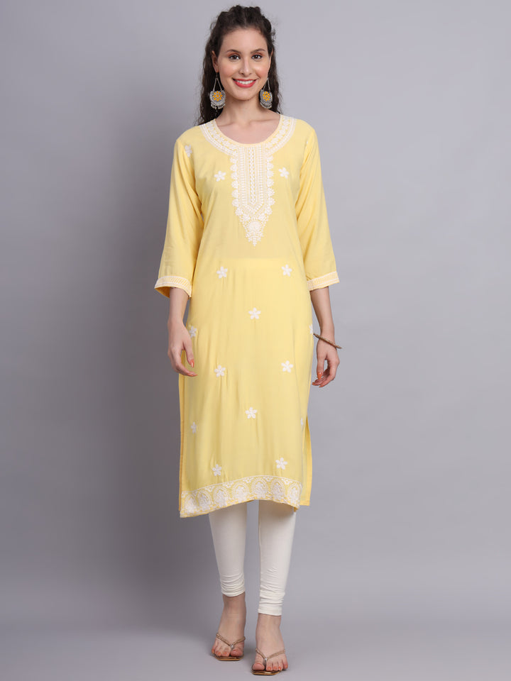 Lucknowi  Rayon  Embroidered Kurta | Long Chickenkari Kurti for Women