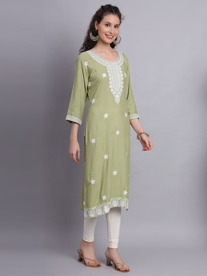 Lucknowi  Rayon  Embroidered Kurta | Long Chickenkari Kurti for Women