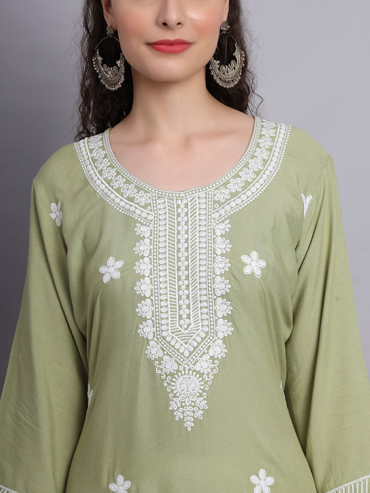 Lucknowi  Rayon  Embroidered Kurta | Long Chickenkari Kurti for Women