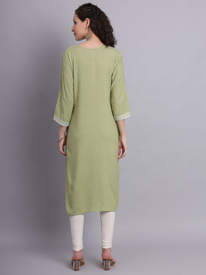 Lucknowi  Rayon  Embroidered Kurta | Long Chickenkari Kurti for Women