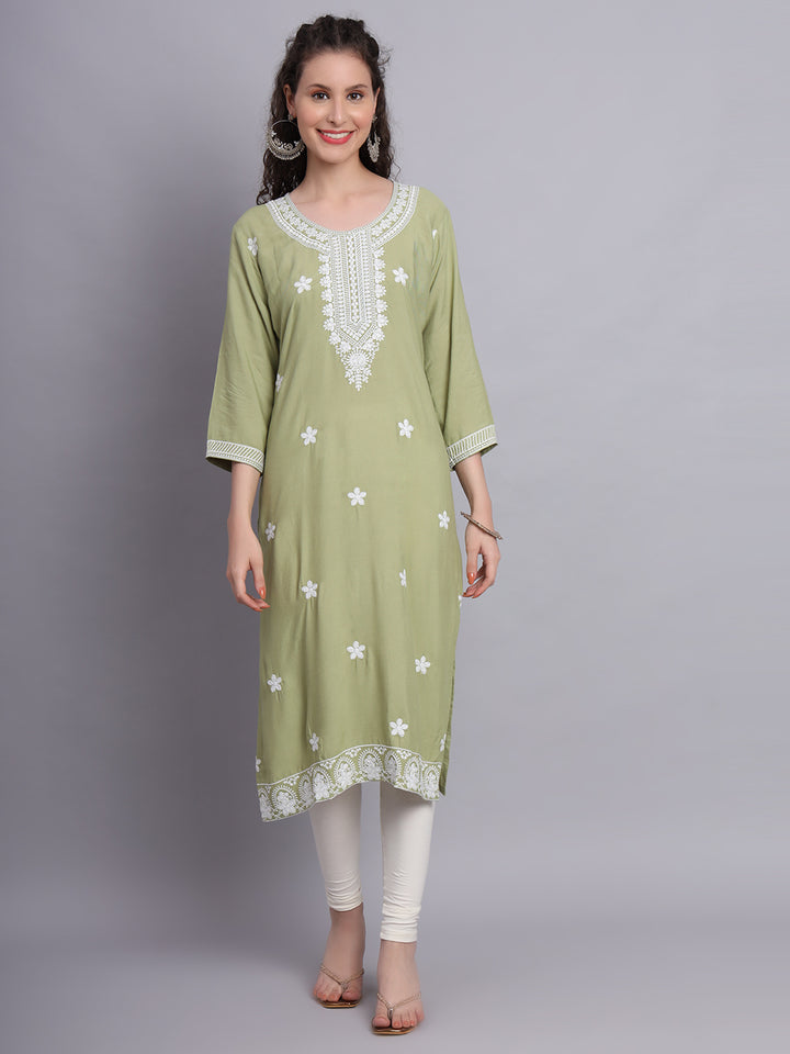 Lucknowi  Rayon  Embroidered Kurta | Long Chickenkari Kurti for Women