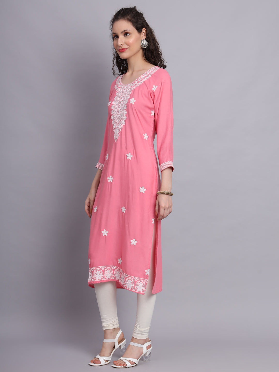 Lucknowi  Rayon  Embroidered Kurta | Long Chickenkari Kurti for Women